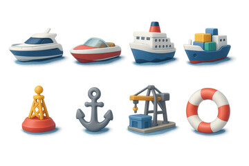3d marine transport icons set: boats, ships, anchor, buoy, crane, lifebuoy