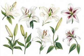 Watercolor illustration of white lilies and buds with green leaves, elegant botanical floral arrangement