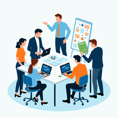 Flat vector illustration of a business team brainstorming in a modern office. People collaborating, analyzing charts and working on laptops. Ideal for teamwork, office culture, and startup concept.
