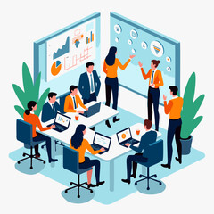 Flat vector illustration of a business team brainstorming in a modern office. People collaborating, analyzing charts and working on laptops. Ideal for teamwork, office culture, and startup concept.