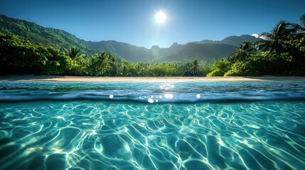 Fototapeta premium Tropical beach, turquoise water, palm trees, mountains, sunshine.