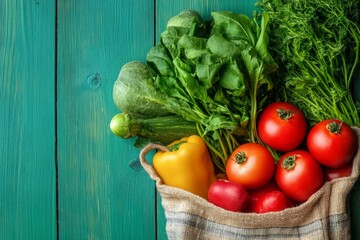 Fresh organic vegetables in a reusable bag on turquoise wooden table, healthy eco food and sustainable living