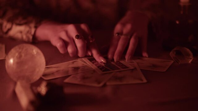 fortune teller makes tarot reading in a magical atmosphere by candlelight