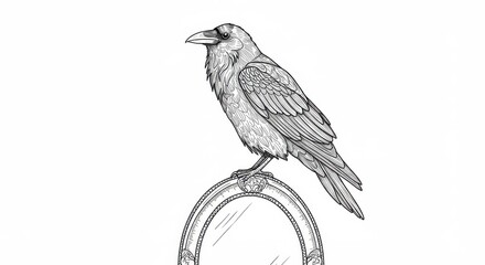 Raven on Antique Mirror - Line Art