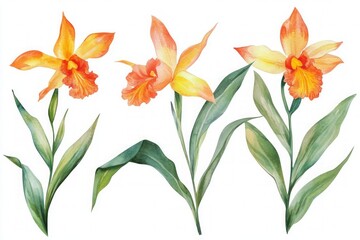 Obraz premium Watercolor illustration of vibrant orange and yellow orchids with lush green leaves, elegant floral art
