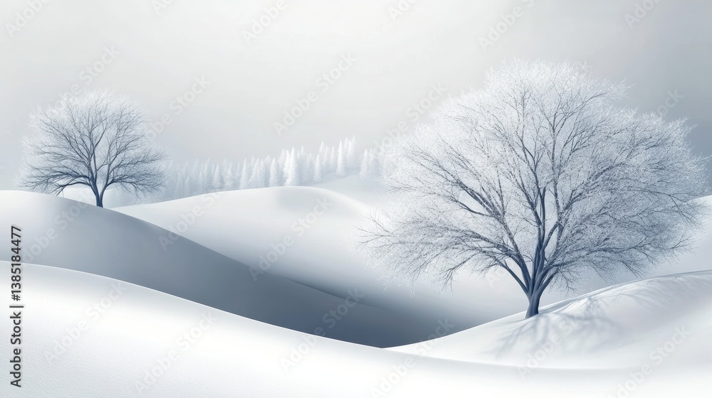 Poster Serene white snowy landscape with gentle curves and soft shadows creating a minimalist winter setting