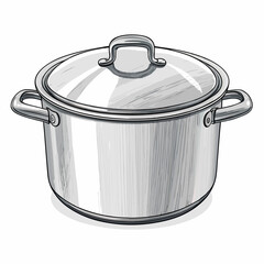 Create a vector illustration of a bold, stainless steel cooking pot; emphasize thick, metallic stroke; highly detailed, realistic reflection.
