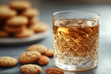 Crystal glass with whiskey and ice cubes sits on a table near almond cookies and nuts, creating a cozy and inviting atmosphere