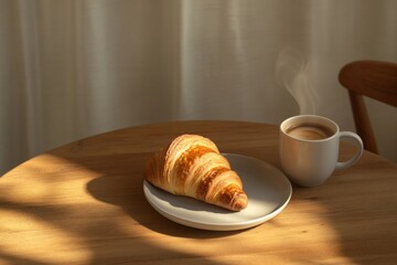 A croissant with coffee on a wooden table. Featuring simplicity and elegance