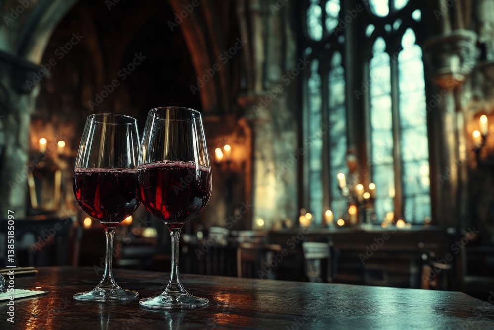 Poster two glasses of red wine sit on a table in a gothic setting, illuminated by candlelight, creating a m