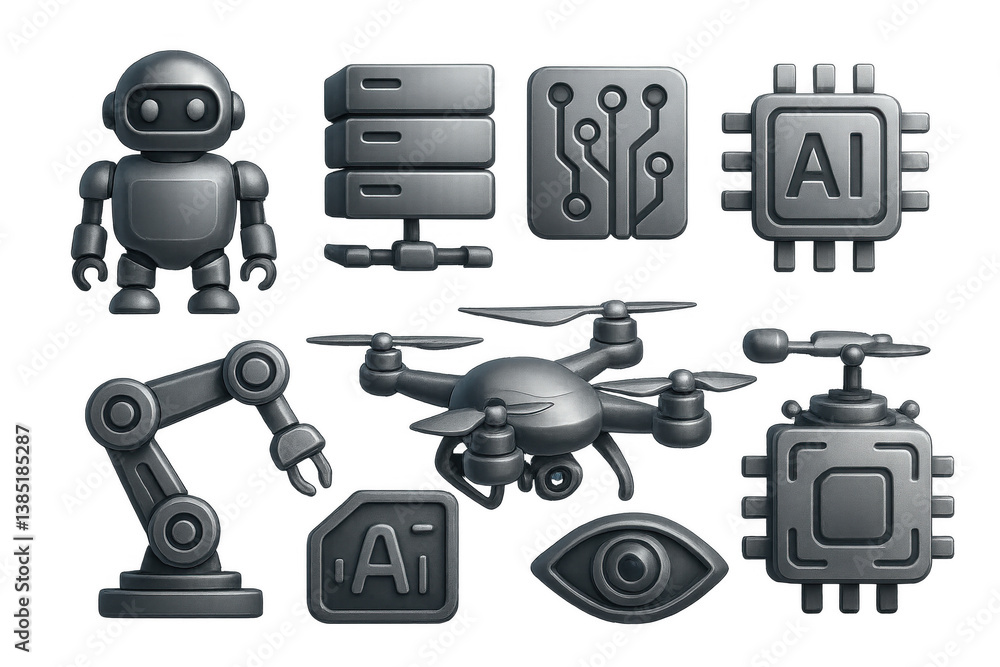 Aufkleber futuristic 3d robotics icons collection featuring ai, drones, and automation