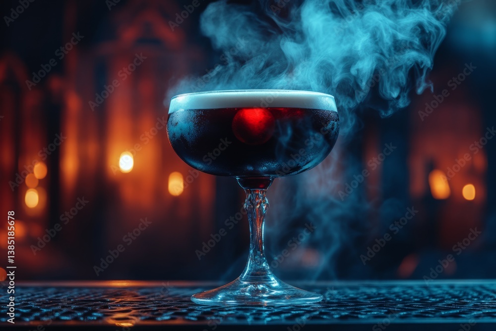 Poster smoking red cocktail in elegant glass on bar counter with blurred background lights creating a myste