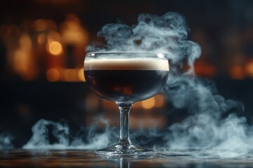 Smoking cocktail glass standing on bar counter with blurred background lights, creating a mysterious and luxurious atmosphere