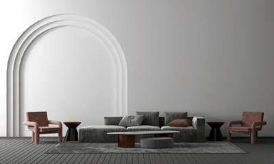 The living room interior design and white arch pattern wall background and cozy sofa decoration. 3D rendering. 
