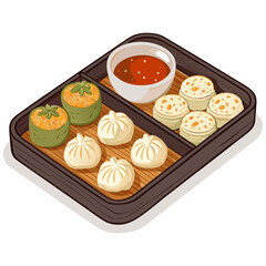 Create a bold vector illustration of a tray holding an assortment of diverse delicious dim sum.  Focus on strong outlines and vibrant colors.