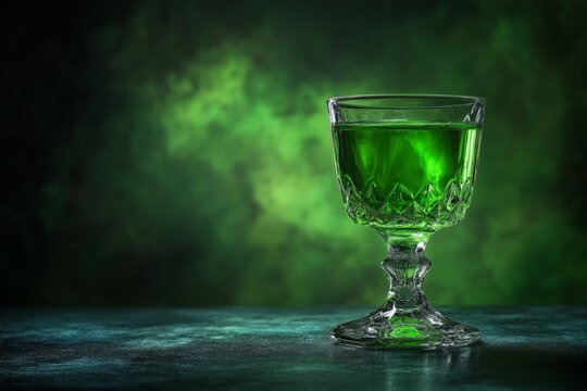 Elegant crystal glass filled with glowing green potion, placed on a dark surface against a smoky green backdrop, creating a mysterious and magical ambiance
