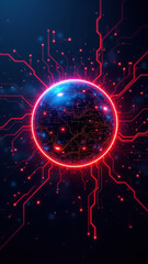 Obraz premium A dynamic digital illustration featuring an orb with intricate circuit designs at its core, surrounded by a web of red lines indicative of cybersecurity.