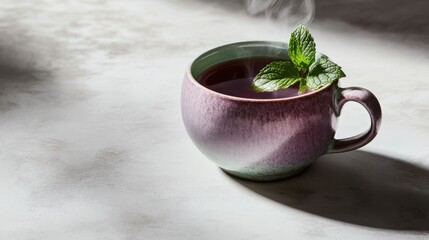 A cup of hot herbal tea with fresh mint leaves. Featuring calm and refreshment