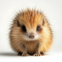 Adorable fluffy porcupine with sharp quills isolated on a white background. The light highlights the details and textures on its face