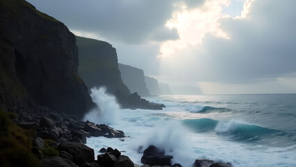 Obraz premium Dramatic Coastal Landscape with Waves and Sunlight
