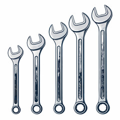 Create a vector illustration of a wrench set, featuring bold strokes and various sizes/angles.  High-resolution, clean lines.