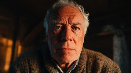 Obraz premium Portrait of serious senior man with wrinkles and gray hair looking at camera