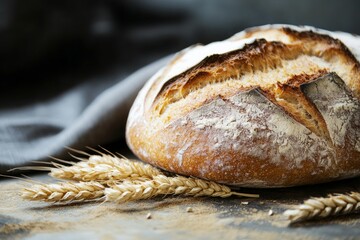 Round artisan bread loaf with crispy golden crust and flour, lying next to wheat on rustic table