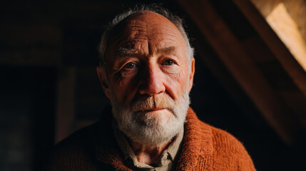 Fototapeta premium Portrait of a senior man with beard looking at camera in dark setting