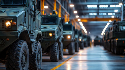 Rows of military vehicles are positioned in a large assembly factory illuminated by bright industrial lights at night
