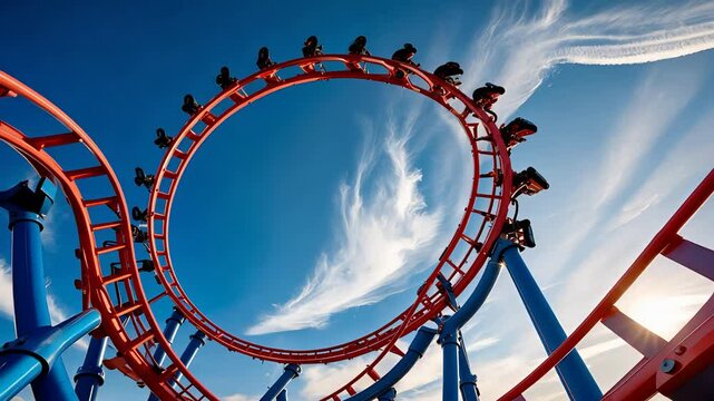 Red and blue roller coaster looping through the sky on a sunny day with dynamic cloud trails and thrill-seekers riding at high speed

