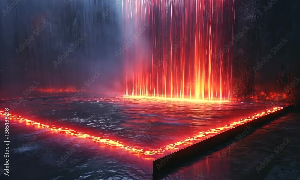 Aufkleber mystical waterfall with luminous red streams cascading into a dark water basin