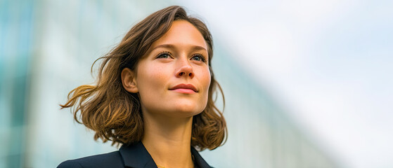 Portrait of confident young businesswoman looking up towards the future