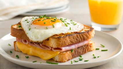 Gourmet Breakfast Sandwich with Egg, Ham, and Cheese on Toasted Artisanal Bread