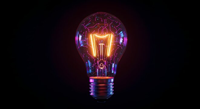 Vintage light bulb glowing brightly against a black background  