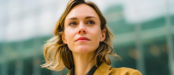 Portrait of a confident woman in a blazer looking up with a hopeful gaze