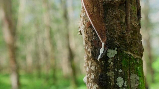 Raw latex dripping from rubber trees. Natural latex dripping from rubber trees