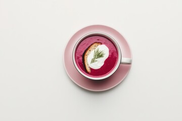 A cup of vibrant beetroot soup topped with sour cream. Featuring richness and health