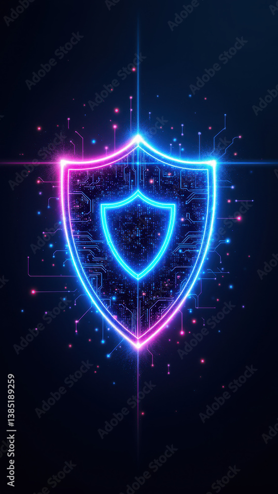 Poster cybersecurity shield with digital particles floating around.