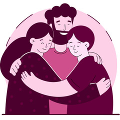 Obraz premium Family embracing and smiling together against a pink background 