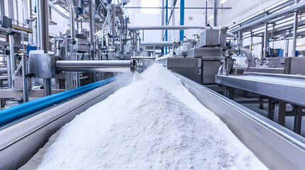 Industrial machine processing white powder in a food processing plant