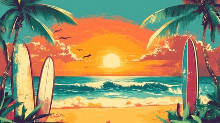 Tropical Sunset Beach Scene with Surfboards