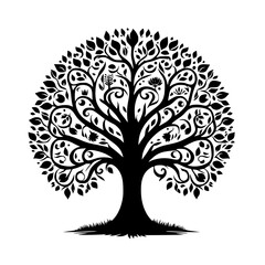 Silhouetted tree with intricate patterns against, transparent background  