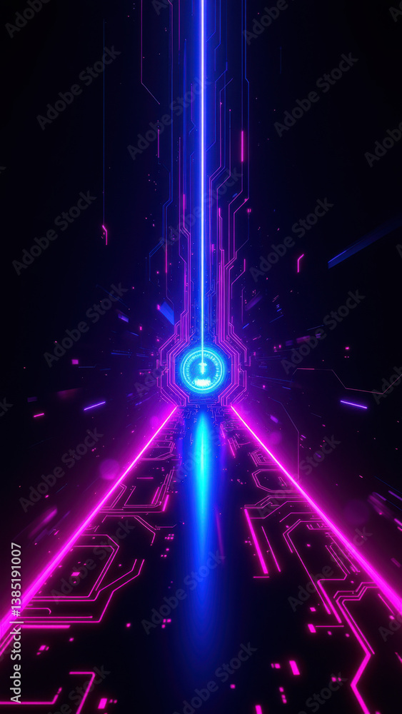 Poster cybersecurity and internet security concept illustrated with neon grid and glowing cyber pathway tow