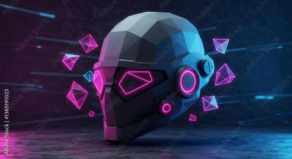 Poster futuristic low poly helmet floating amidst geometric shapes creating a technological and modern aest