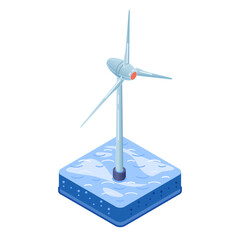Offshore Wind Turbine. Isometric vector illustration of an offshore wind turbine, standing in open water. Represents modern clean energy production at sea, utilizing ocean winds.