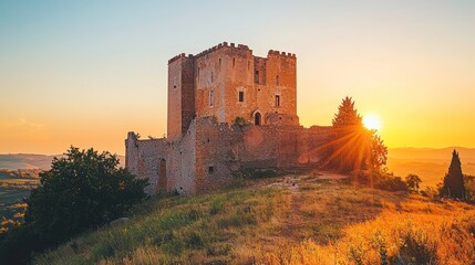 Obraz premium Sunset over ancient stone castle ruins on hilltop.