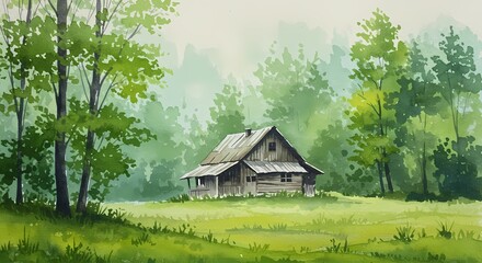 Obraz premium Rustic wooden house surrounded by tranquil forest scenery 