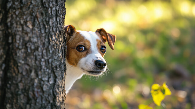 Playful Jack Russell Terrier peeking out from behind tree