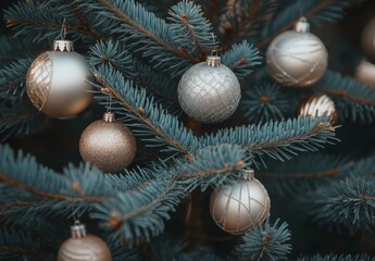 Fototapeta premium Elegant Silver Christmas Ornaments on a Evergreen Tree Branch