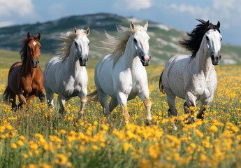 Majestic Horses Galloping Through Vibrant Flower-Filled Meadow